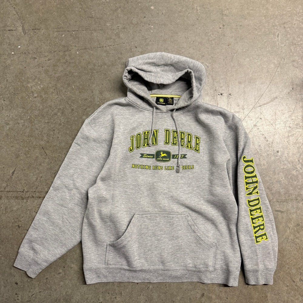 John Deere Mens Heather Gray Graphic Logo Hoodie Sweatshirt Large Nothing Runs